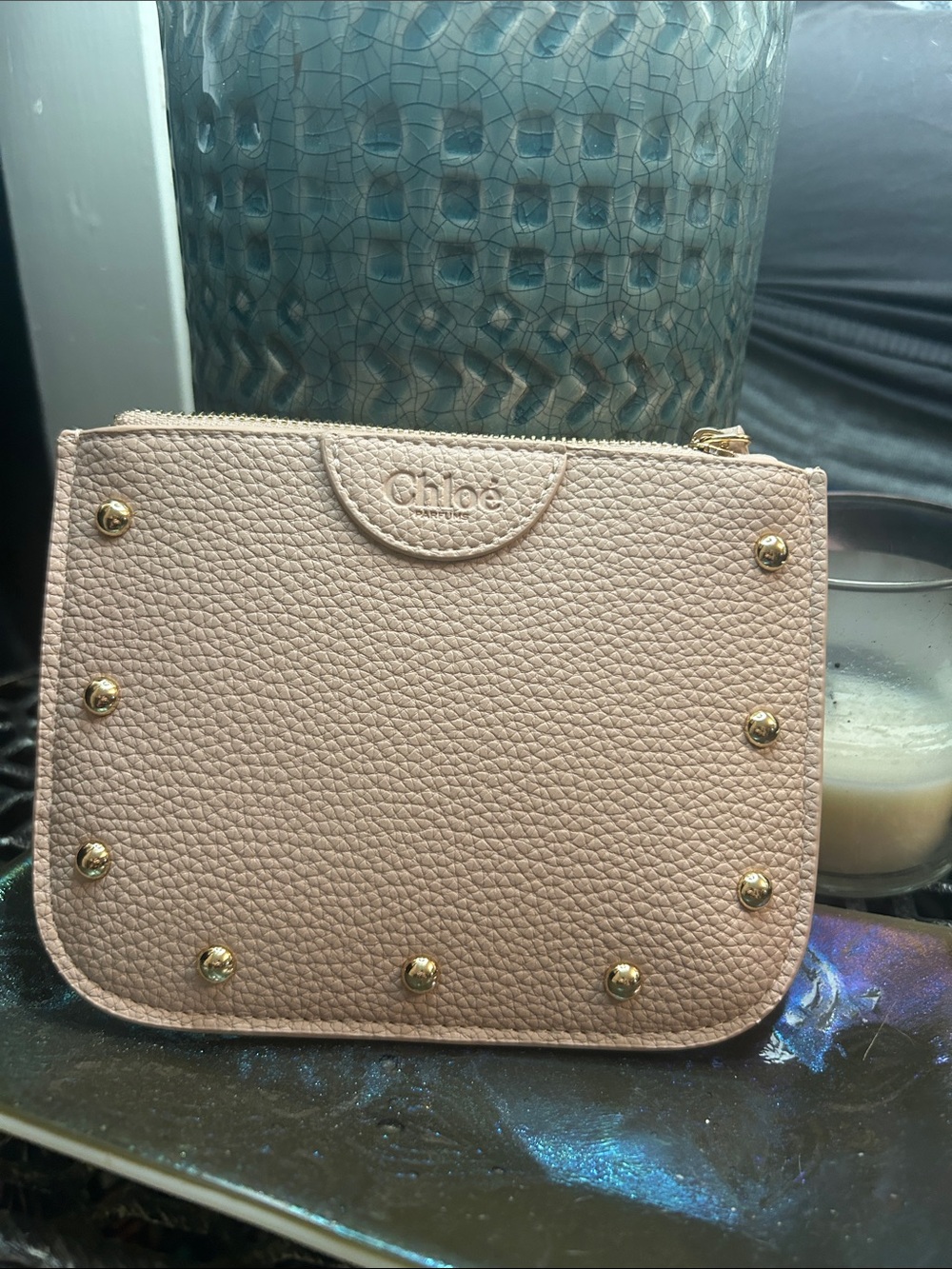 Pebbled Leather Zip Pouch in Blush Pink with Gold Studs